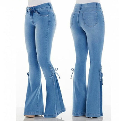 vmtvr summer outfits inspo Women's Jeans Mid-Waist Lace-up Denim Trousers Stretch Jeans Women's Flared Pants Denim