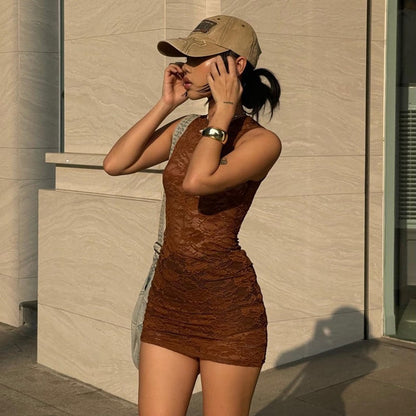 vmtvr men’s fashion Hot Girl Summer New Solid Color round Neck Sleeveless Sexy Lace Perspective Short Dress