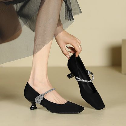 2025 433-2 one-word rhinestone square head single shoes women's suede stiletto high heels women's not tired feet temperament  women's shoes