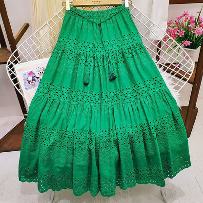 vmtvr skirt outfits 2024 Spring Heavy-Duty Lace Skirt Women's High Waist Stitching Crocheted Fairy Large Swing A- line Midi Skirt Summer