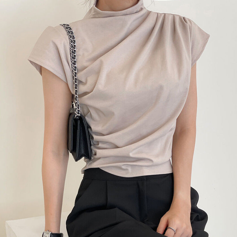 vmtvr business casual outfits Chic Summer New French Style Elegant Half Turtleneck Pleated Loose Casual All-Match Short Sleeve T-shirt Top for Women