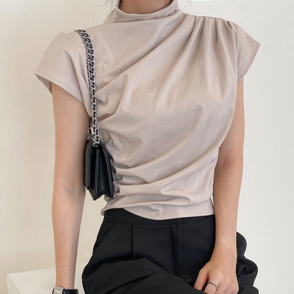 vmtvr business casual outfits Chic Summer New French Style Elegant Half Turtleneck Pleated Loose Casual All-Match Short Sleeve T-shirt Top for Women