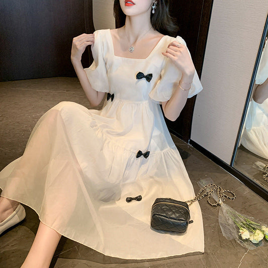 --Summer French dress first love dress retro gentle style square neck puff sleeve white dress female spring student