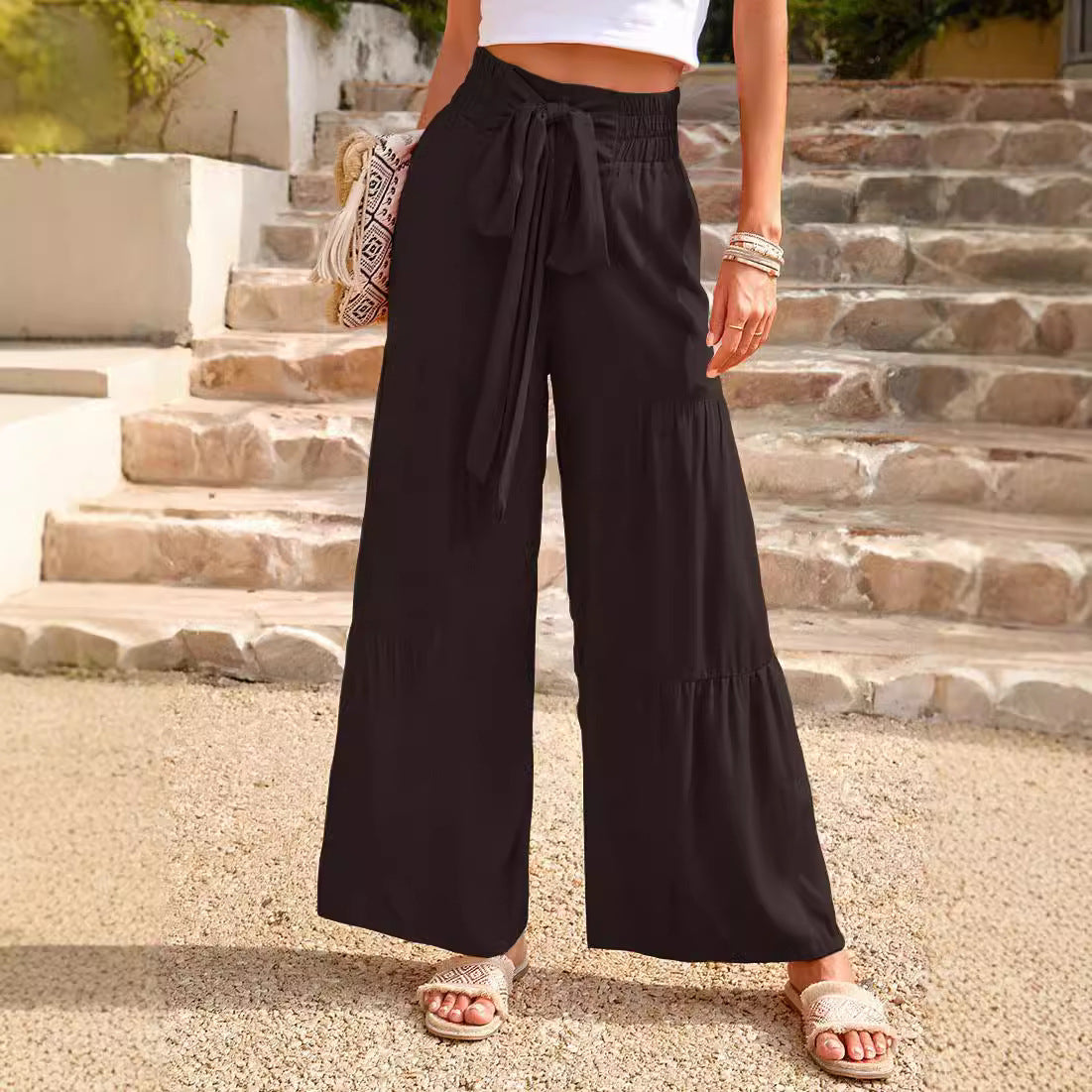 vmtvr Business Casual Outfits Woman Summer Women's Fashion Lace-up Stitching High Waist Pleated Wide-Leg Pants Casual Solid Color Loose Trousers
