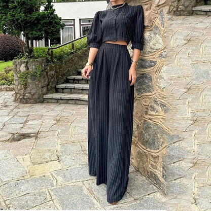 vmtvr 2000s fashion 2024 Women's Suit Summer Casual Striped Top Pants Two-Piece Black