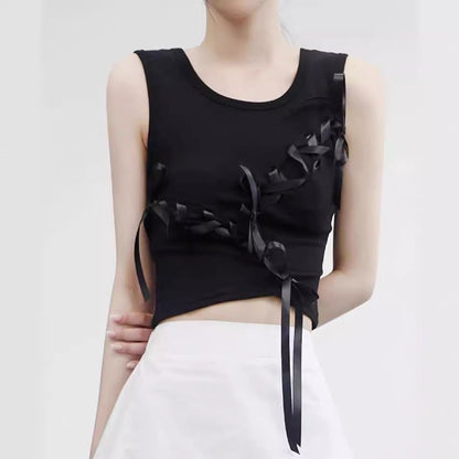 vmtvr 2000s fashion 2024 New American Hot Girl Ribbon Summer Fashion Street Bow Lace-up Hollow Sleeveless Vest Fashion