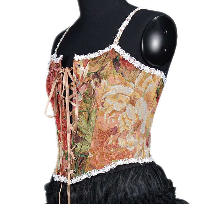 vmtvr koi fish dress to impress Autumn and Winter Women's Clothing French Retro Oil Painting Jacquard Embroidered Camisole Fishbone Corset Lace Lace-up Corset