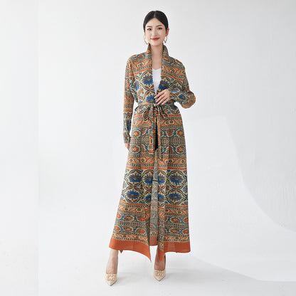 2025 Hot trade robe women's dress women's long dress high sense retro printing ethnic style lapel loose cardigan skirt
