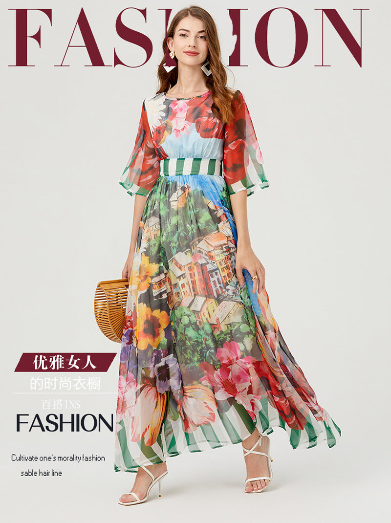 Real summer new product printing sexy backless straps slim high waist dress big pendulum A-shaped skirt short sleeves