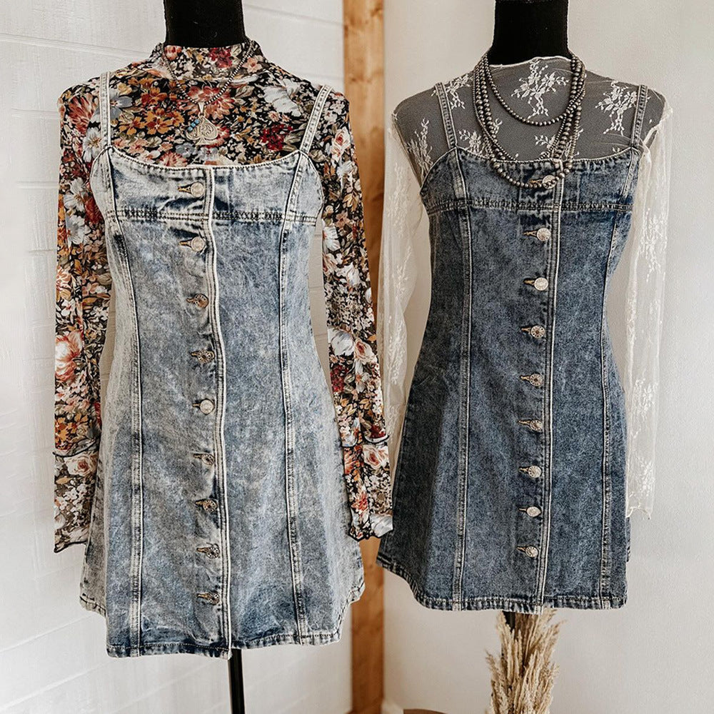 vmtvr dress to impress outfits 2024 Early Autumn Sling Distressed Casual Western Style Slim Fit Denim Dress