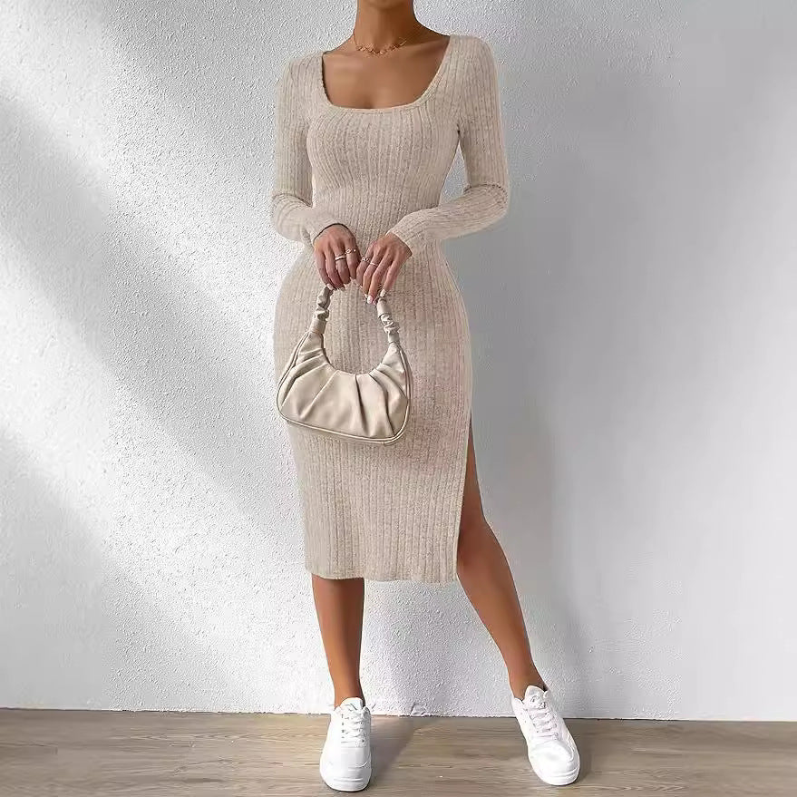 vmtvr y2k outfits Autumn and Winter Square Collar Long Sleeve Hem Slit Jacquard Brushed Dress Women