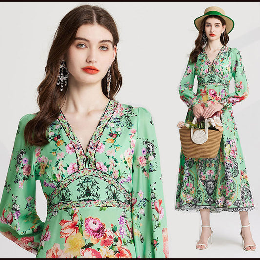 Real shot, summer new  positioning printing, heavy industry hot diamond, slim long-sleeved dress fashion temperament