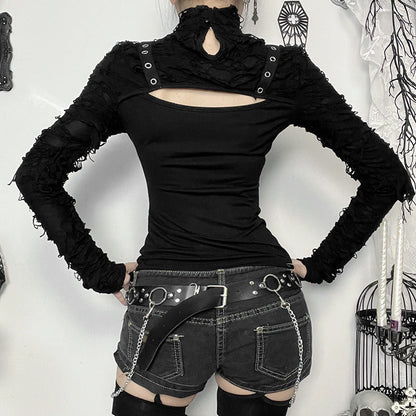 vmtvr skeleton dress to impress Autumn 2024 New Style Personalized Hot Girl All-Match Ripped Fabric Stitching Long-Sleeved Top for Women