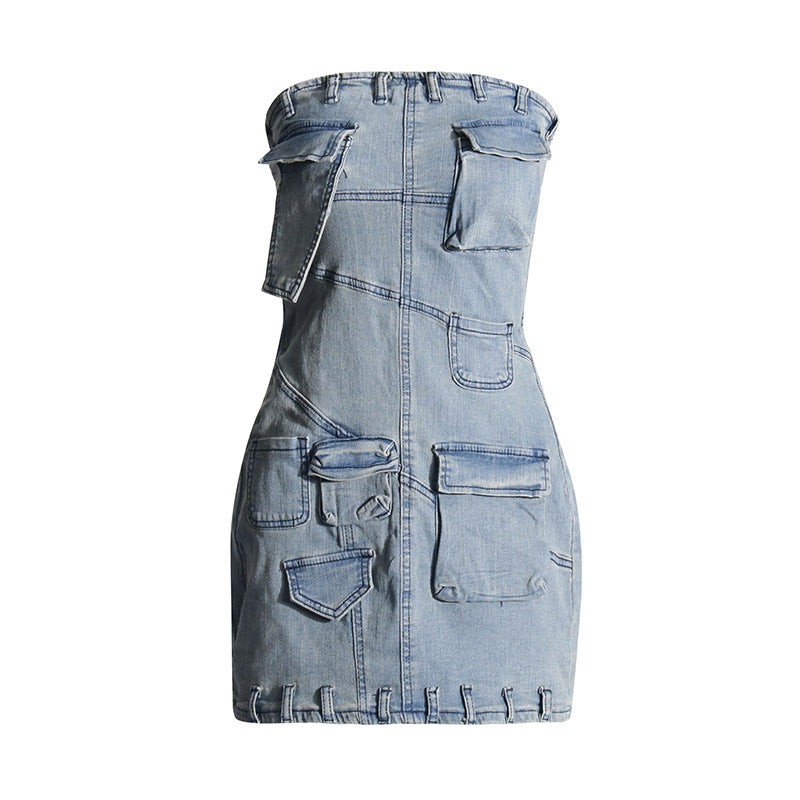 2000s dti Personalized Street Denim Hip Skirt  Spring New Solid Color Stitching Multi-Pocket Tube Top High Waist Dress Women