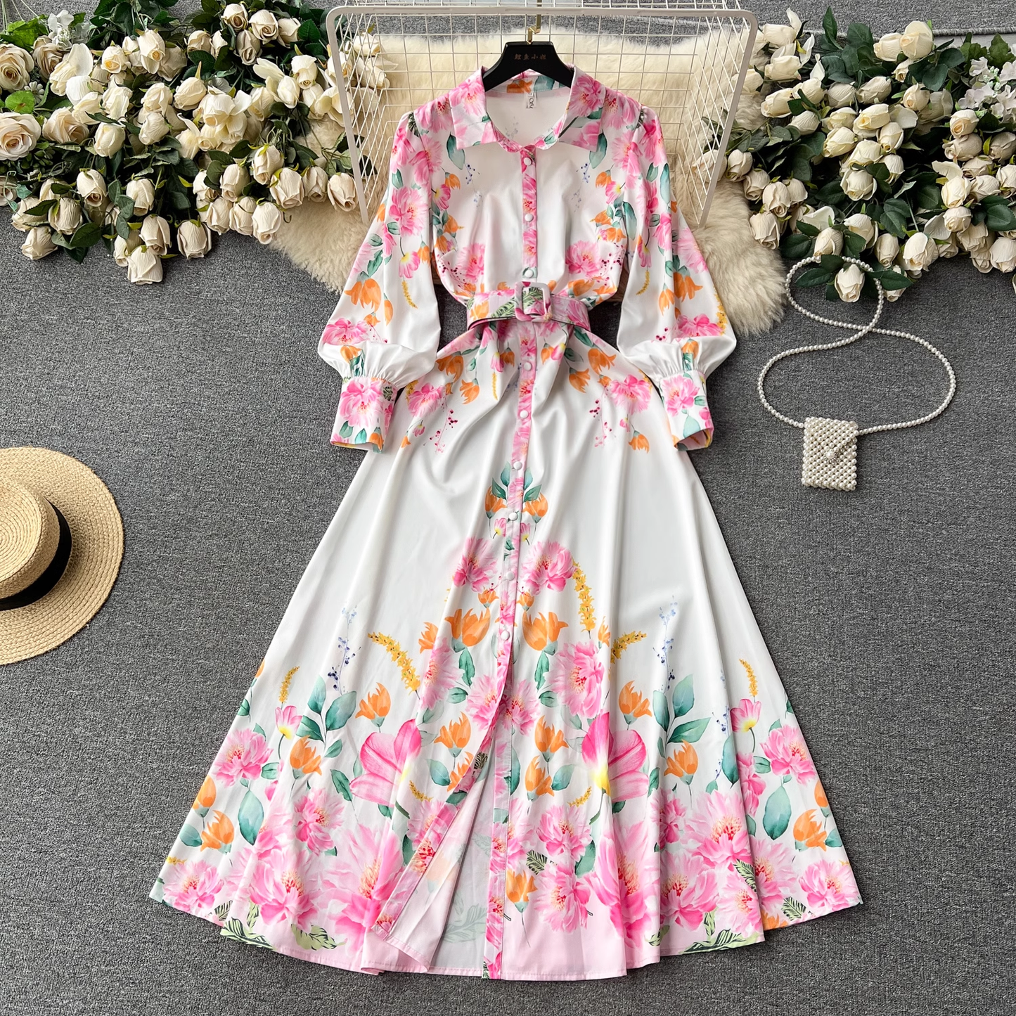 - Lantern long-sleeved lapel single-breasted fashion print tie-waist elegant dress GEU423