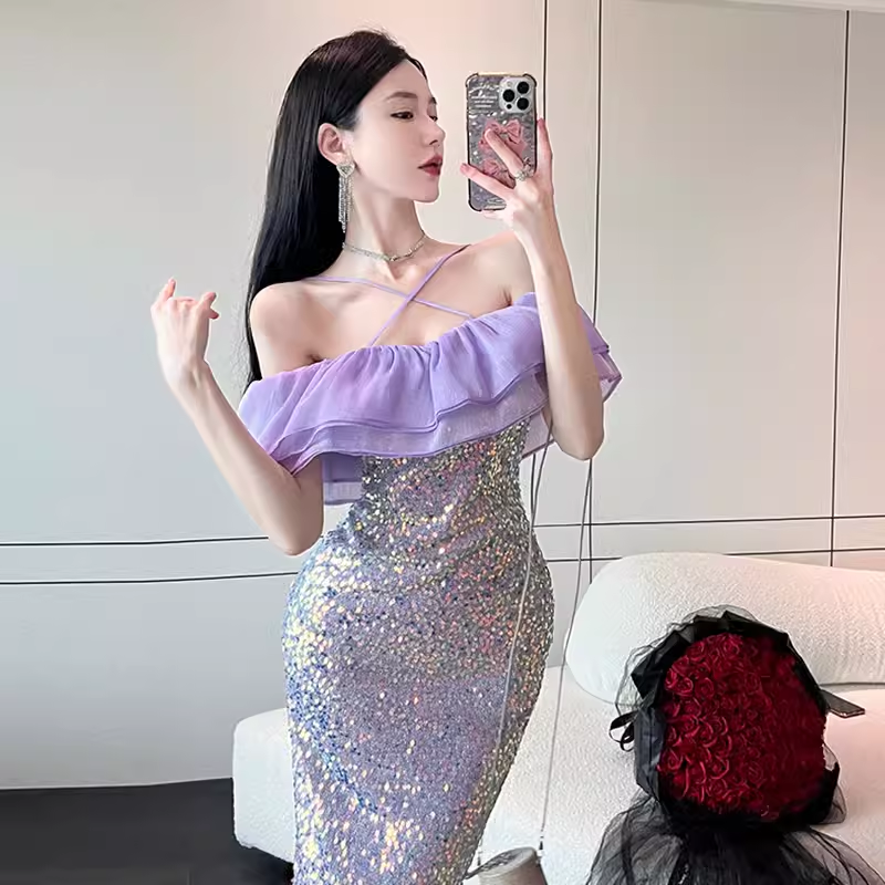 - Off The Shoulder Purple Dress  GEU1479