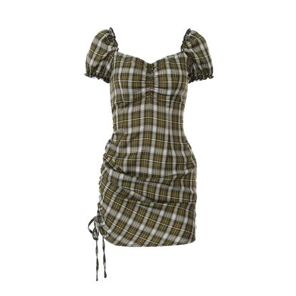 - Vintage Green Plaid Puff Sleeve French Dress GEU482