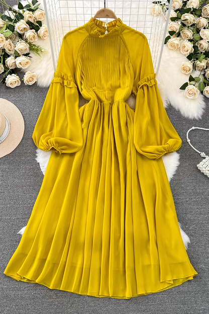 - Lantern long sleeve stand collar waist a line pleated chiffon dress GEU900