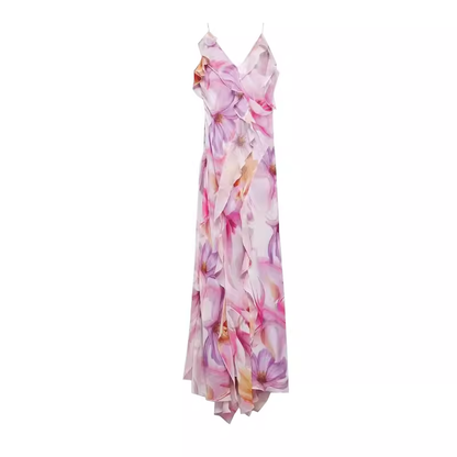 - Sexy backless strappy ruffle floral print dress GEU1400