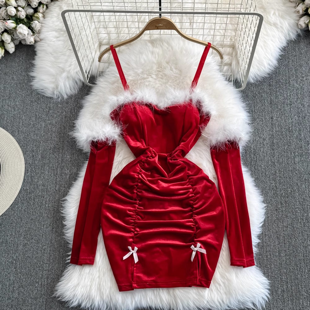 - Fashionable Christmas Sexy Furry Patchwork Bodycon Dress with Sleeves GEU950