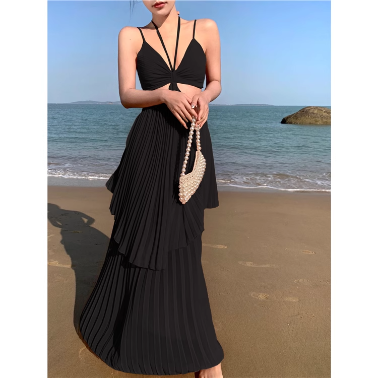 - A-line V Neck Tiered Maxi Dress GEU1052