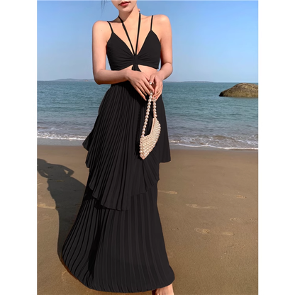 - A-line V Neck Tiered Maxi Dress GEU1052