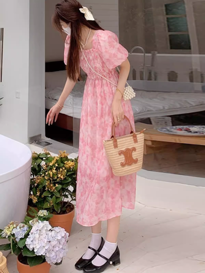 - Pink Square Neck Floral Chiffon Dress GEU1548