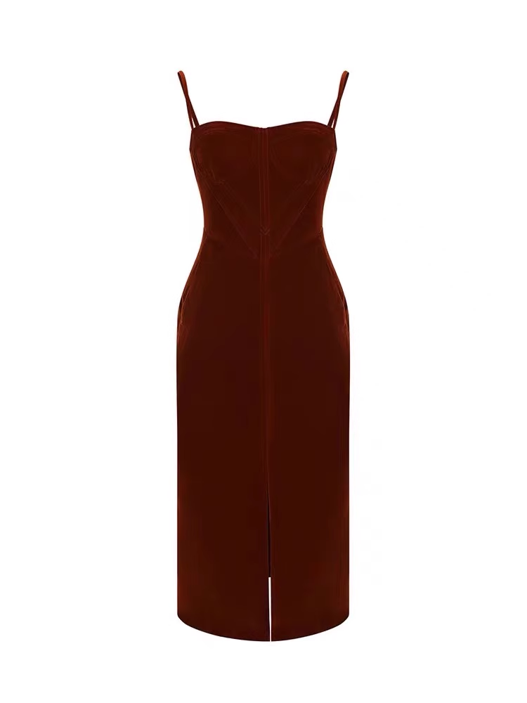 - Retro high-end red velvet slit suspender dress GEU876