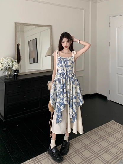 - Oil painting floral suspender dress women's summer stitching fake two piece skirt GEU1190