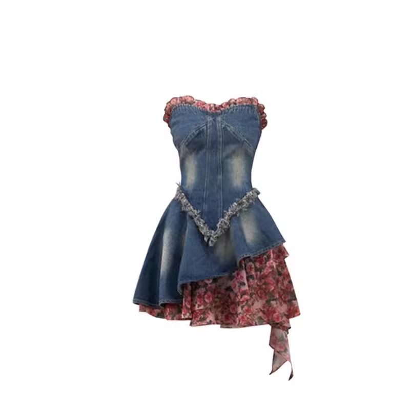 - Rose floral bandeau patchwork denim dress  GEU1311