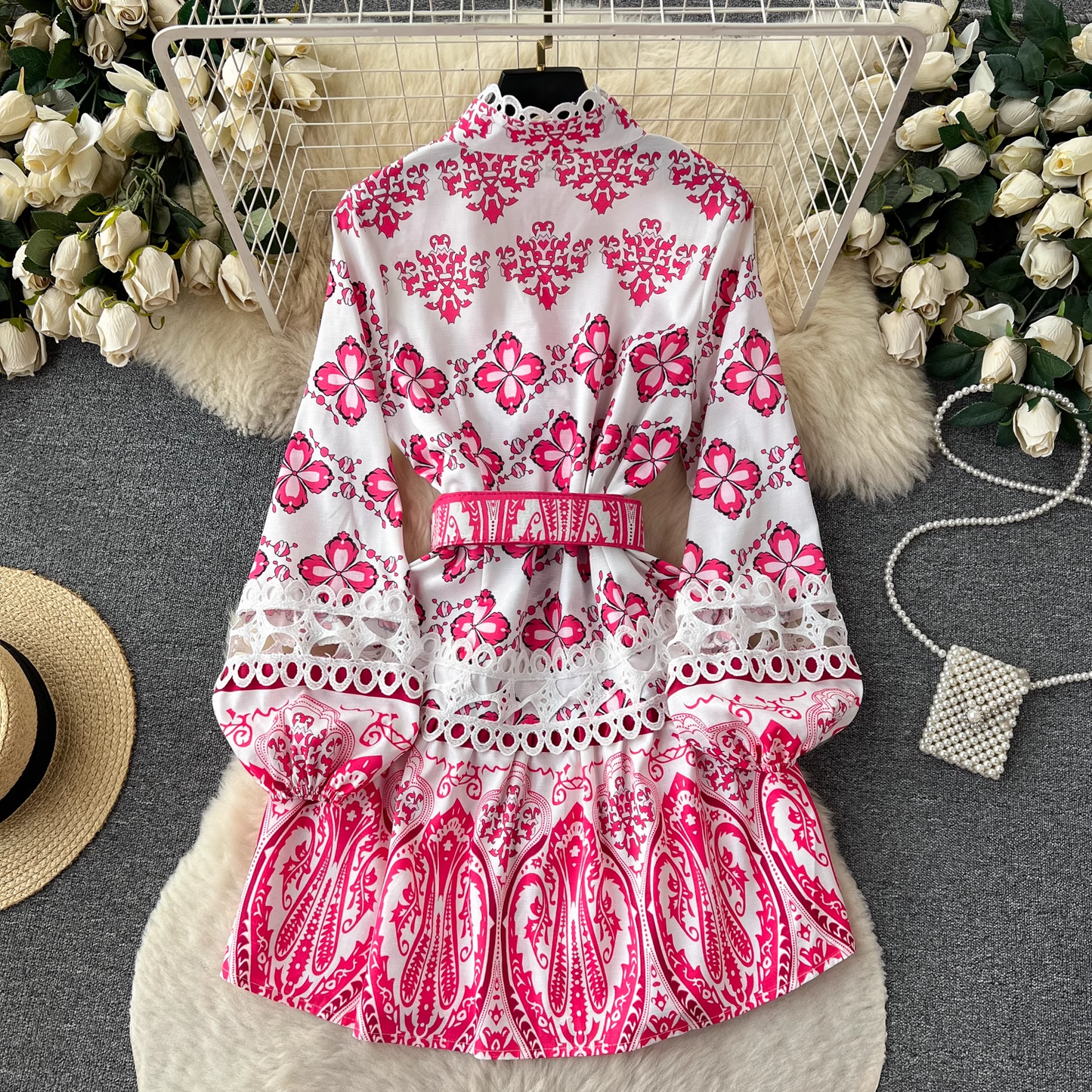 vmtvr- Stand collar printed dress women's retro court style lantern long-sleeved fairy dress GEU408