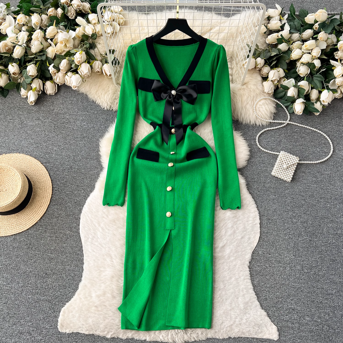 - Knitted dress women's autumn and winter bow single-breasted design maxi dress  GEU508