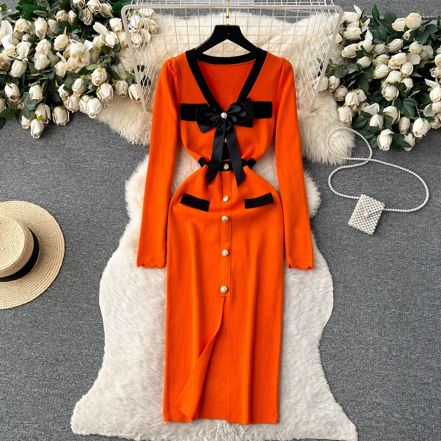 - Knitted dress women's autumn and winter bow single-breasted design maxi dress  GEU508