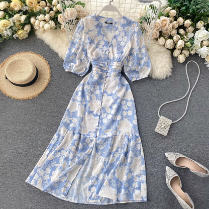 - Printed Sexy V-Neck Slit Dress GEU1572