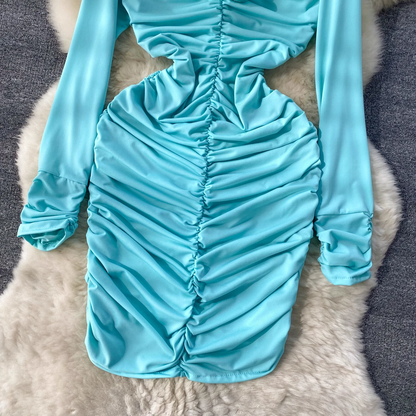 - High-end three-dimensional floral long-sleeved dress and sexy pleated tight skirt GEU797