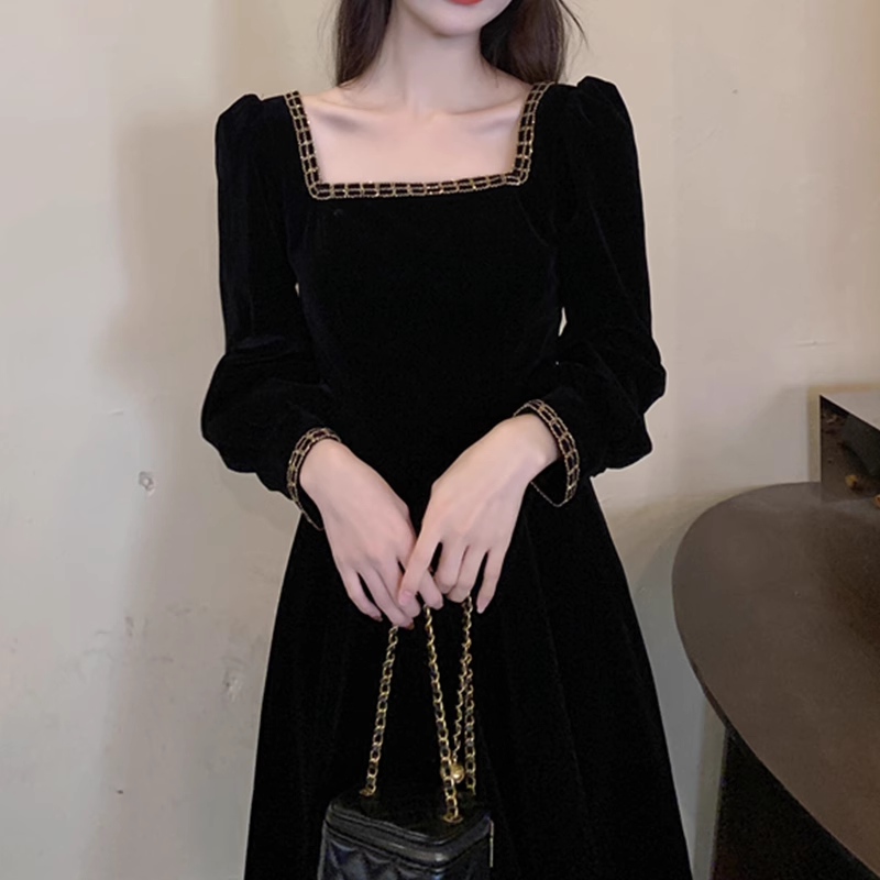 - Black velvet retro long dress GEU715