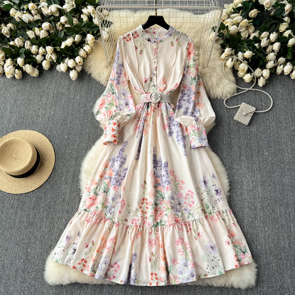 - Retro elegant lantern long-sleeved waist printed dress  GEU1104