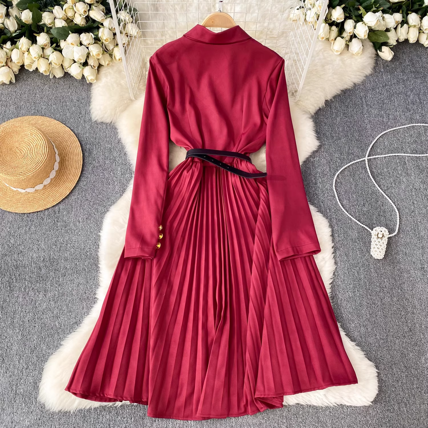 - women's suit collar dress high waist pleated dress GEU798