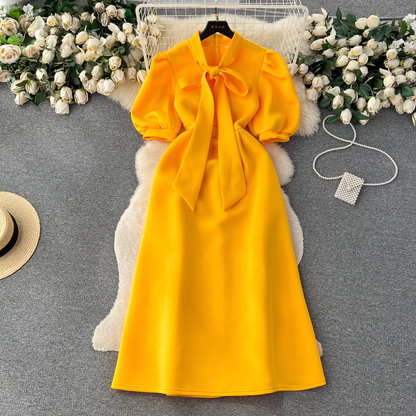 - Vintage Bow Tie Puff Sleeve Dress GEU453