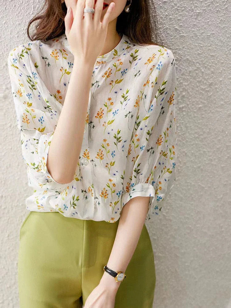 vmtvr Fashion Sweet Women Floral Blouse Japan Beach Elegant Puff Sleeve Top Casual O Neck Buttons Summer Female Casual Shirt New