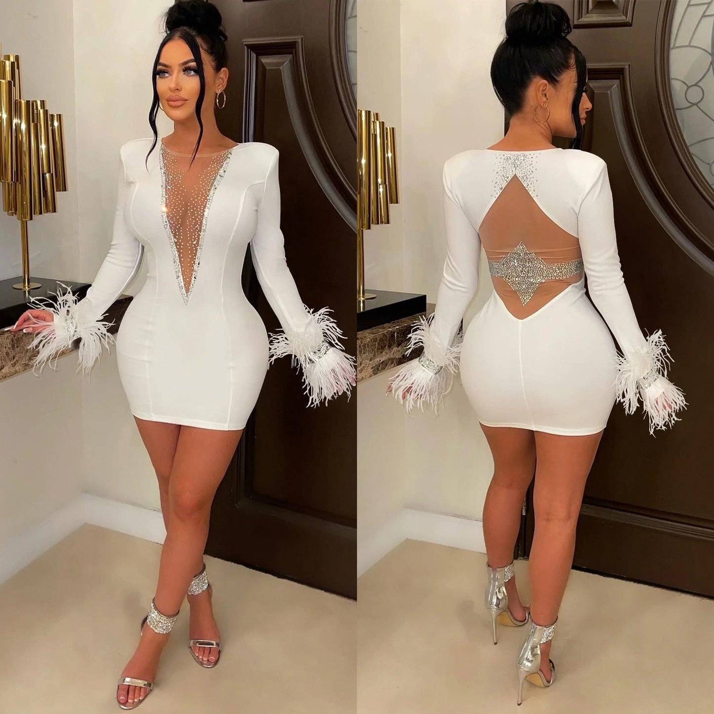 Sexy Women Mini Dress Feathers Sheer Mesh Diamond Streetwear Party Night Slim Fitness Dresses For Women Vestidos