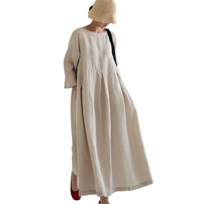 vmtvr  -  Summer Linen Dress | Women's Plus Size Loose Fit Long Dress | Fashion Long-Sleeve Linen Maxi Dress | Essential Dress Style