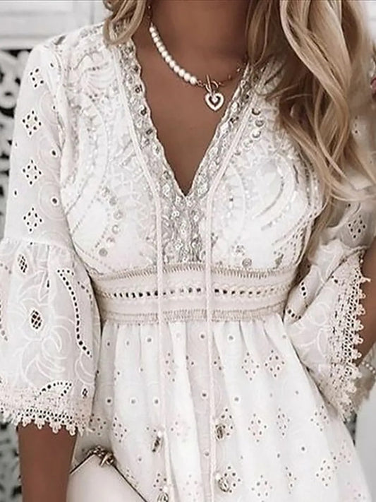 vmtvr - Elegant Lace Mini Dress Women Three Quarter Sleeve Dress Female V Neck Patchwork Lace Up Dress Ladies Vacation Beach Dress