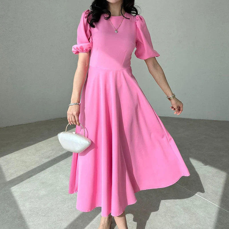 vmtvr Elegant O Neck A-Line Office Ladies Dress New Spring Solid Back Zipper Boho Long Dress Women Puff Short Sleeve Summer Maxi Dress