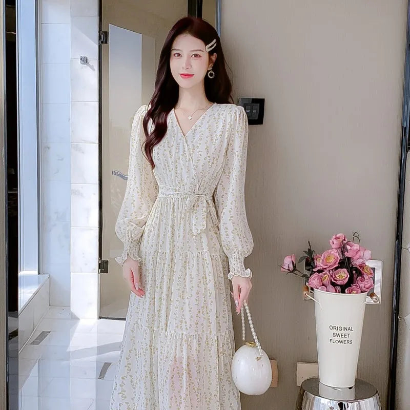 vmtvr New Spring Summer Fashion Print Midi Dresses for Women Long Sleeved V-neck Party Birthday Slim Cute Sweet Fairy Dress Korean