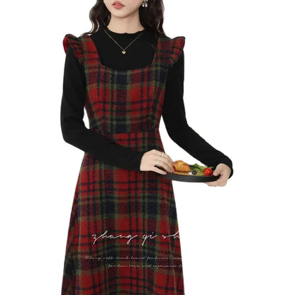 vmtvr  -  Korea Chic Feminine Vestidos Women Ruffles Elegant Retro Cute Vintage Woolen Red Plaid Shirt Dress