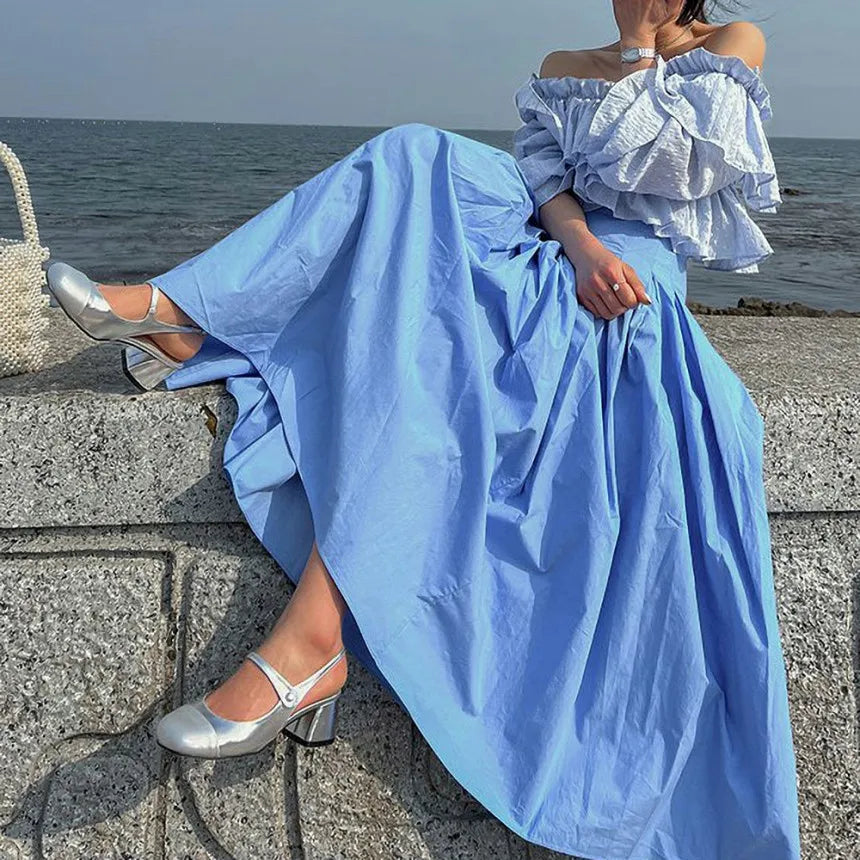 vmtvr Elegant Women Long Pleated Skirts For Female Casual Loose A-Line High Elastic Waist Maxi Skirt 2024 Spring Summer