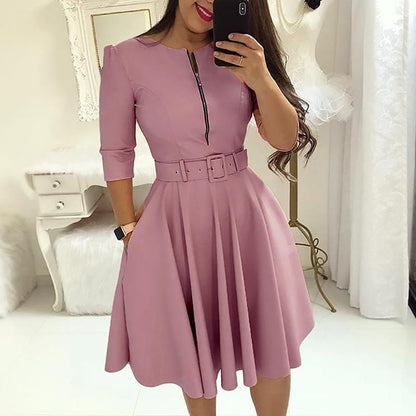 vmtvr - Elegant Women Solid Half Sleeve Party Dress Autumn Casual Zipper Knee-length Midi Dresses Ladies Big Swing Club Dress Vestidos