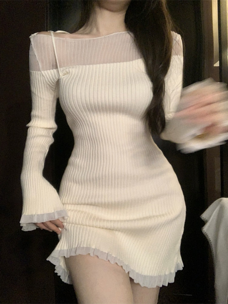 Slim Bodycon Y2k Mini Dress Female Party Casual One Piece Dress Korean Fashion  Spring French Elegant Knitted Dress Woman