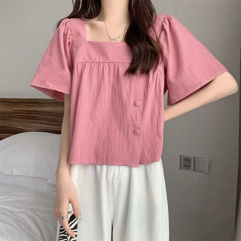 vmtvr Summer Women Shirts Korean Fashion Designed Big Button Female Shirts Casual All Match Student Short Sleeve Tops New